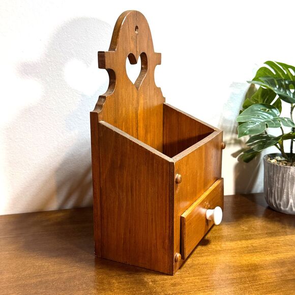 Vintage Wooden Hanging Box with Drawer and Top Open Pocket 13" Tall - Picture 4 of 12